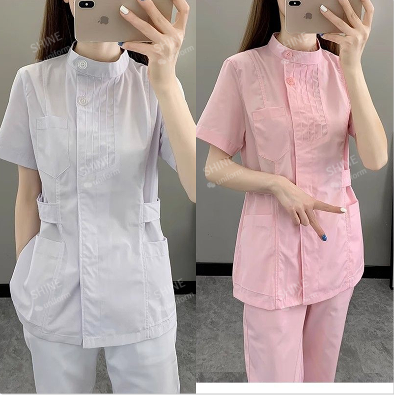Medical Lab Logo - ピンクのナース制服半袖医療スクラブトップ白衣医師制服女性用アウターウェア美容院医療服ロゴ