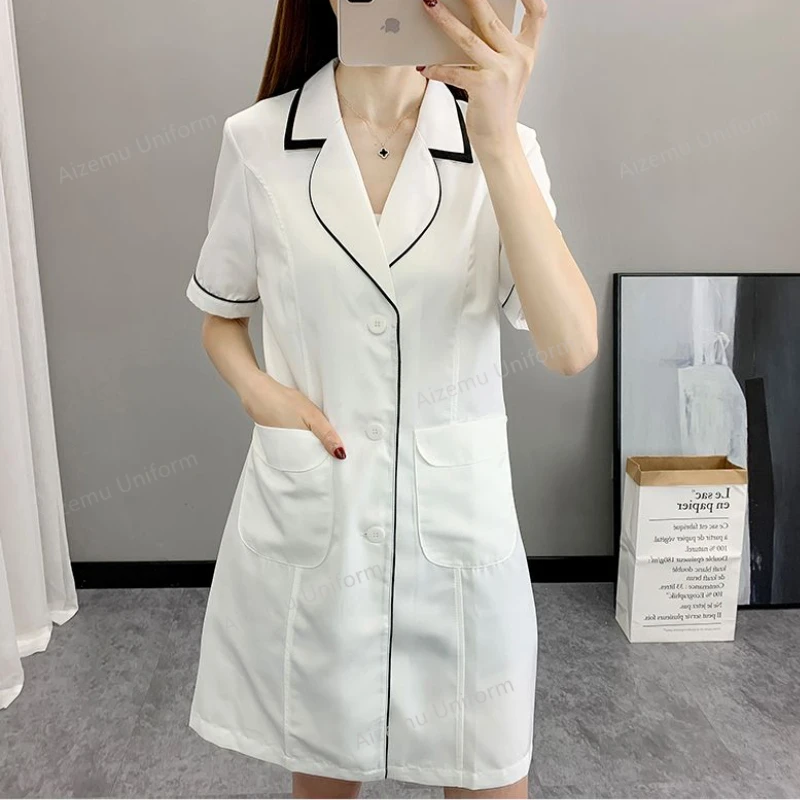 Medical Lab Logo - 女性用ショートスパユニフォームロゴ入り作業服美容衣料美容師スクラブ作業服美容院ドレスユニフォーム白白衣
