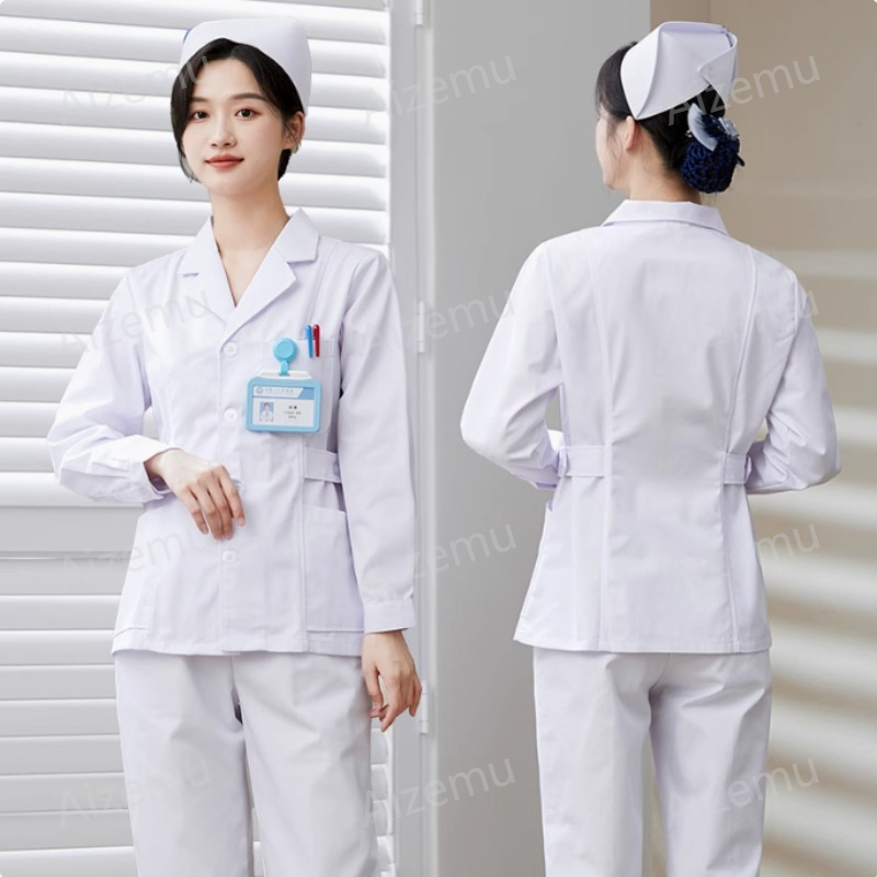 新しい白い長袖ナースユニフォーム、白衣、女性用医師ユニフォー - Medical Lab Logo のレビューと価格