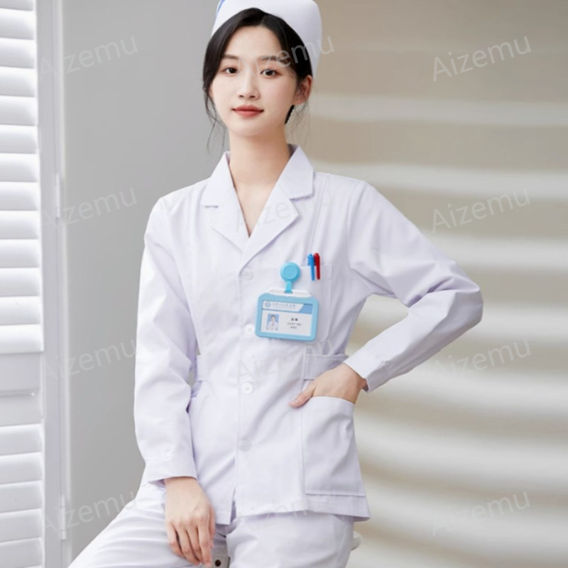 新しい白い長袖ナースユニフォーム、白衣、女性用医師ユニフォー - Medical Lab Logo のレビューと価格