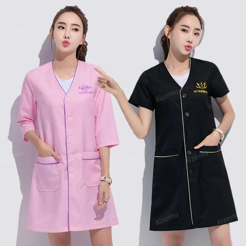 黒ショート美容制服ドレススパ制服スクラブ制服白プラスサイズサ - Medical Lab Logo のレビューと価格