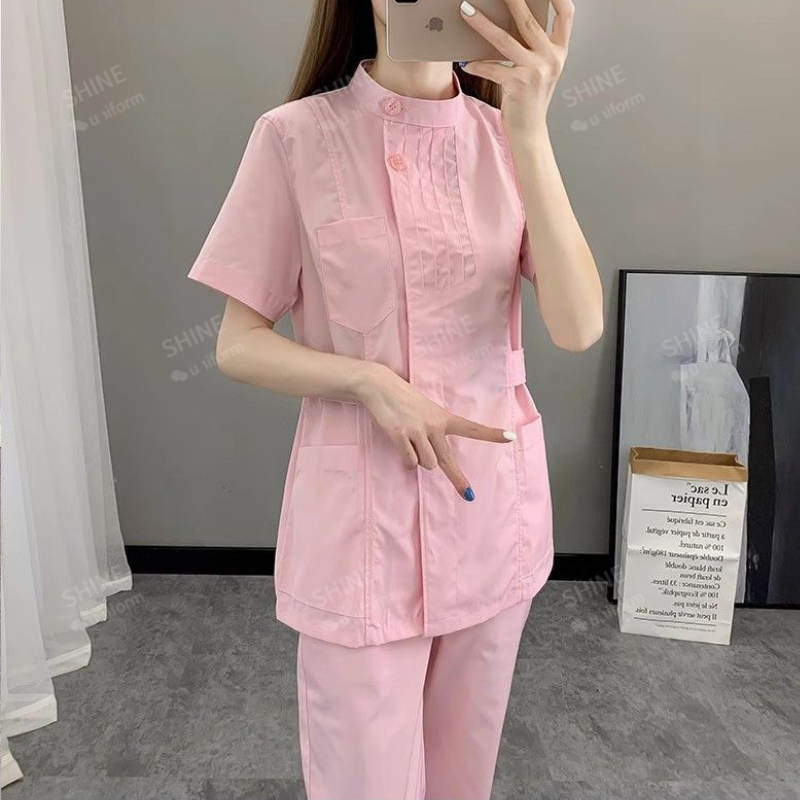 ピンクのナース制服半袖医療スクラブトップ白衣医師制服女性用ア - Medical Lab Logo のレビューと価格